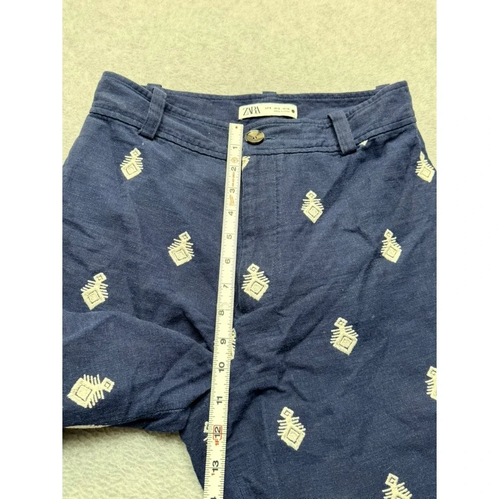 Zara Navy Blue Embroidered Linen Blend Wide Leg Pants Boho Geometric Womens S